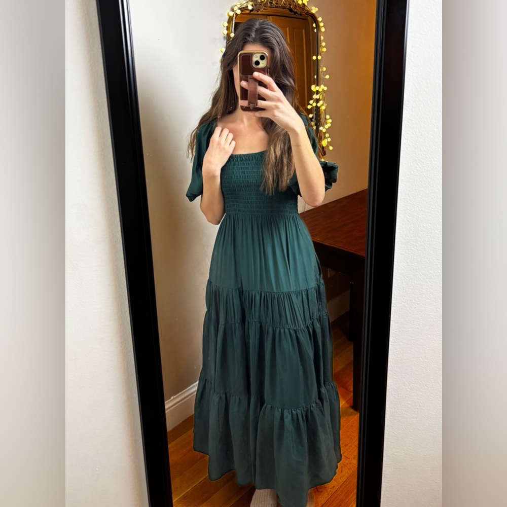 La Ligne Teal emerald green smocked maxi Dress scoop neck short sleeve silk